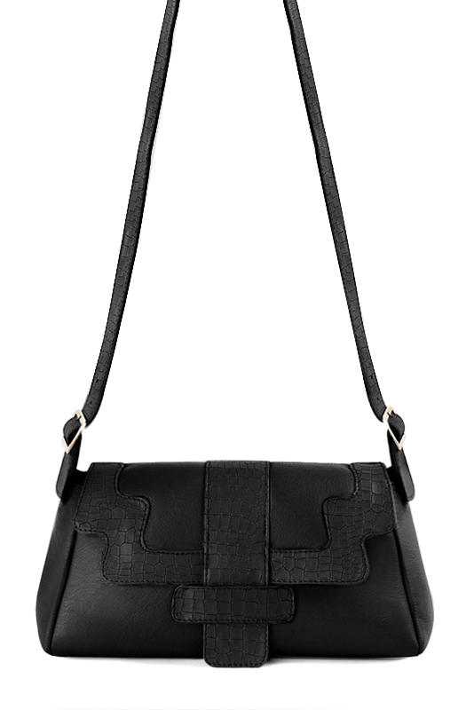 Satin black women's dress handbag, matching pumps and belts. Top view - Florence KOOIJMAN